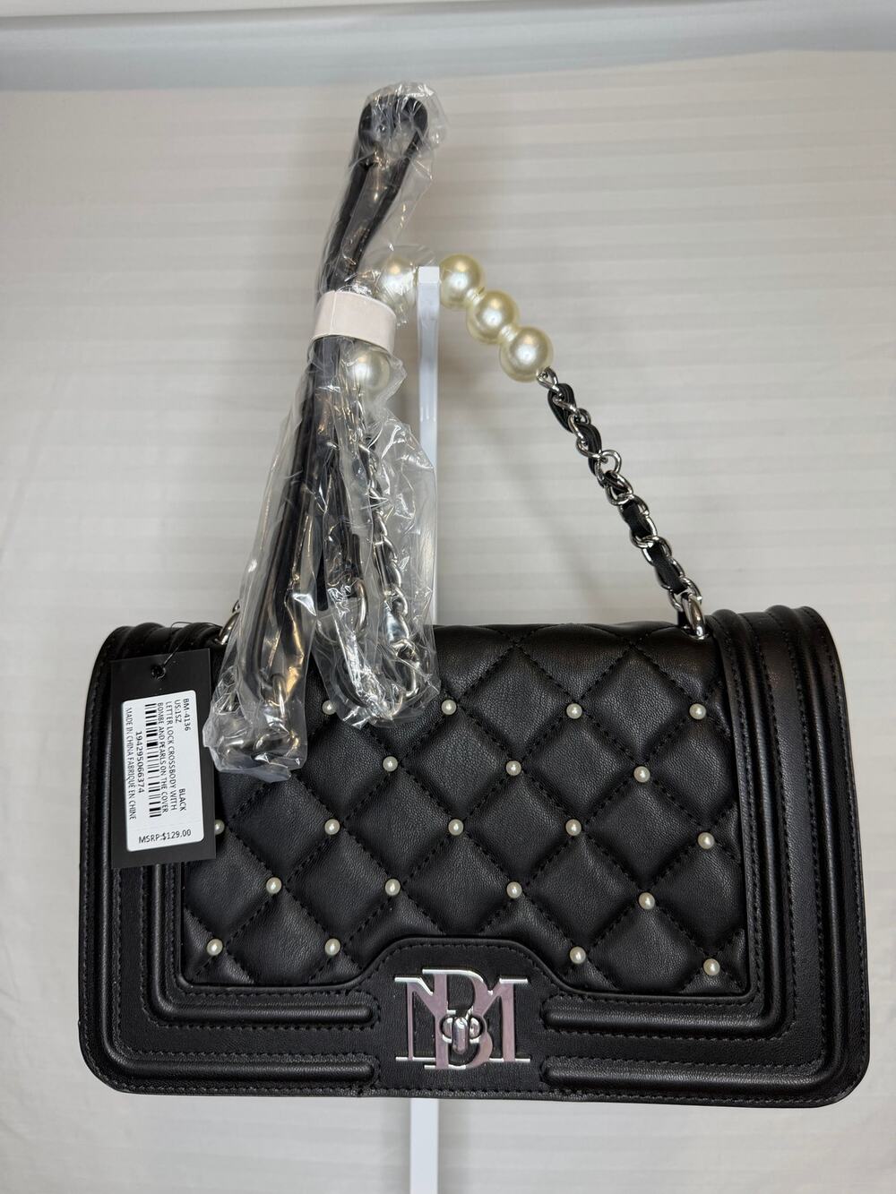 Badgley Mischka Pearl Quilted Crossbody Bag Black Silver Hardware NWT